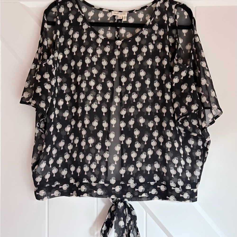 Anthropologie Meadow Rue Blouse Bird Print Sheer Tie Front Size M